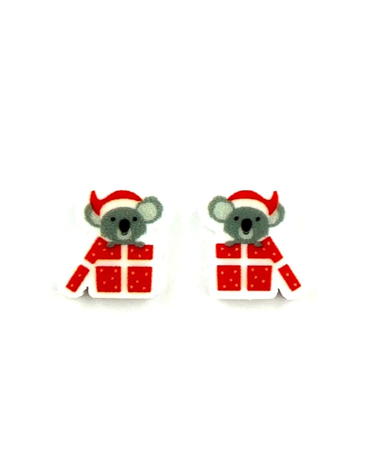 Koala Christmas stud earrings with a koala in a Santa hat peeking over a red gift box