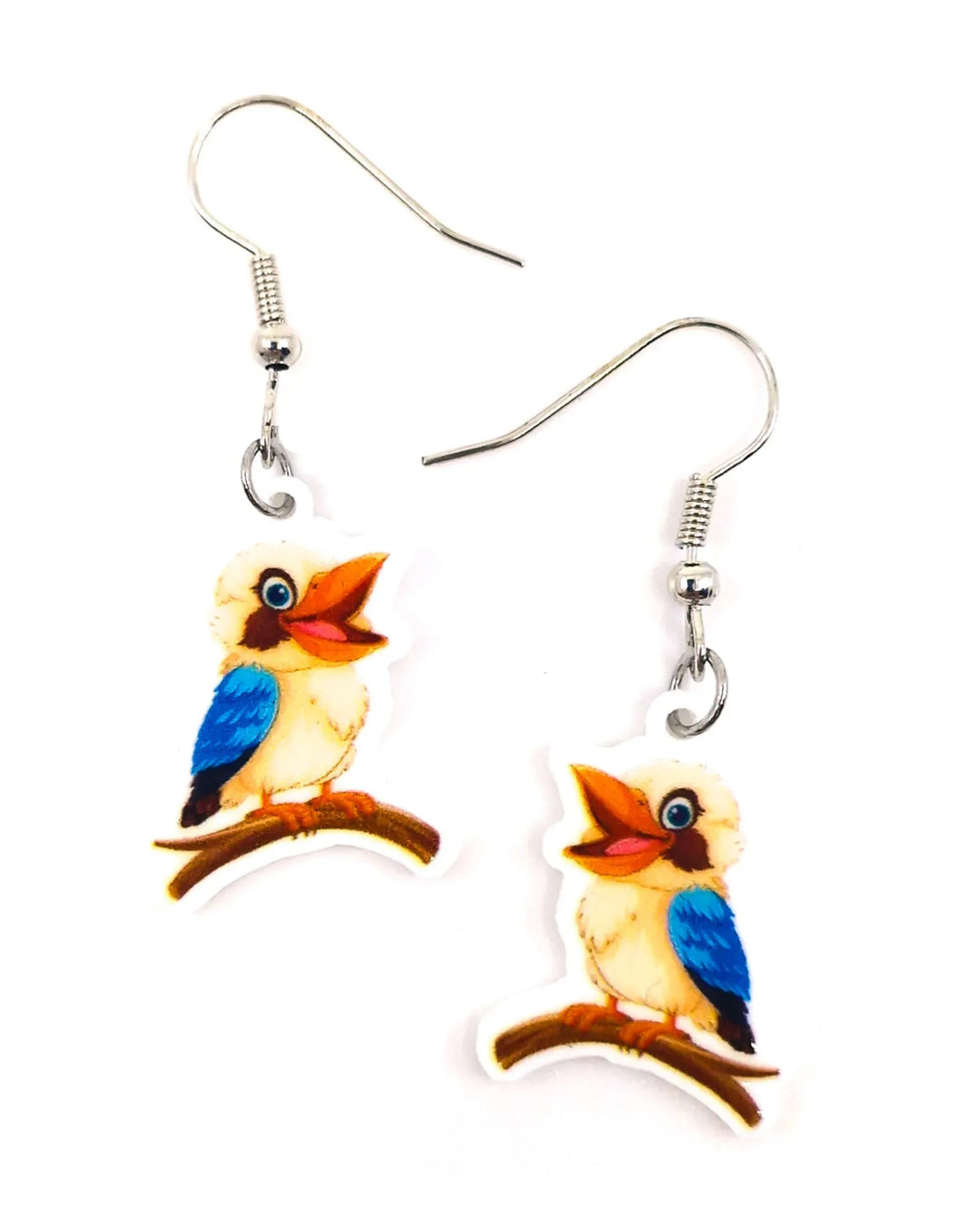 Kookie the Kookaburra drop earrings, two cartoon kookaburras laughing on branches on silver hooks
