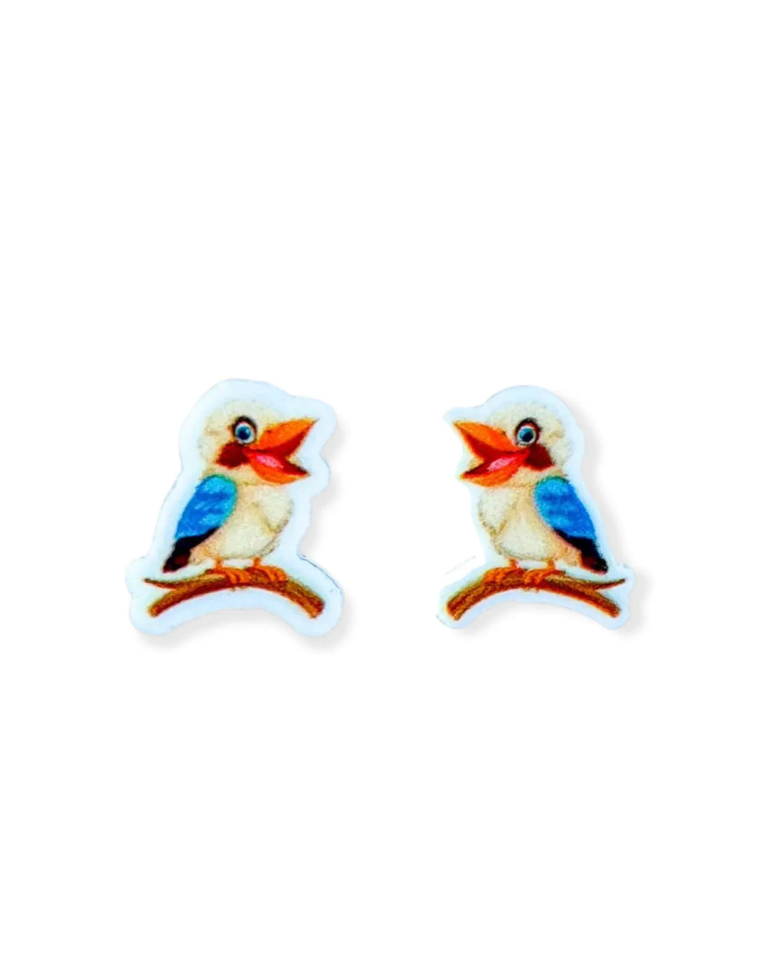 Kookie the Kookaburra stud earrings, a cartoon kookaburra laughing on a branch on an acrylic charm