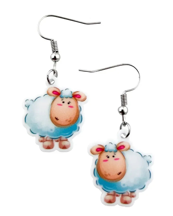 Lambie the Lamb drop earrings, two fluffy cartoon lambs with rosy cheeks on silver hooks