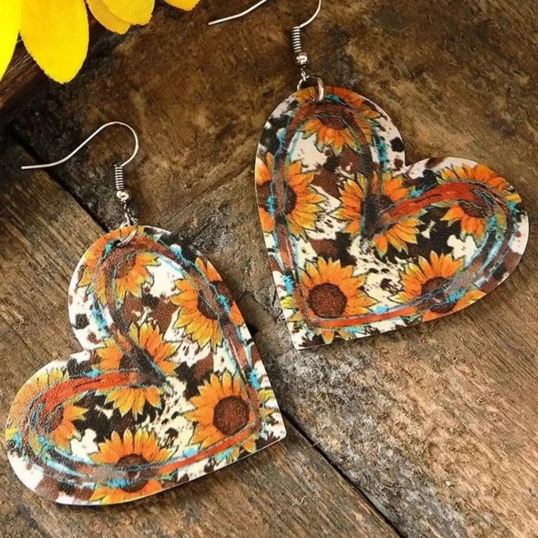 Sunflower leather heart drop earrings, country western statement earrings