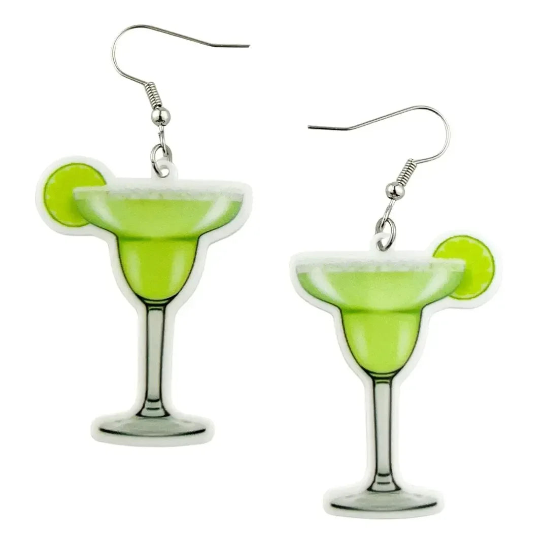 Bright green margarita cocktail glass dangle earrings with lime garnish and silver hooks for a fun quirky novelty look.