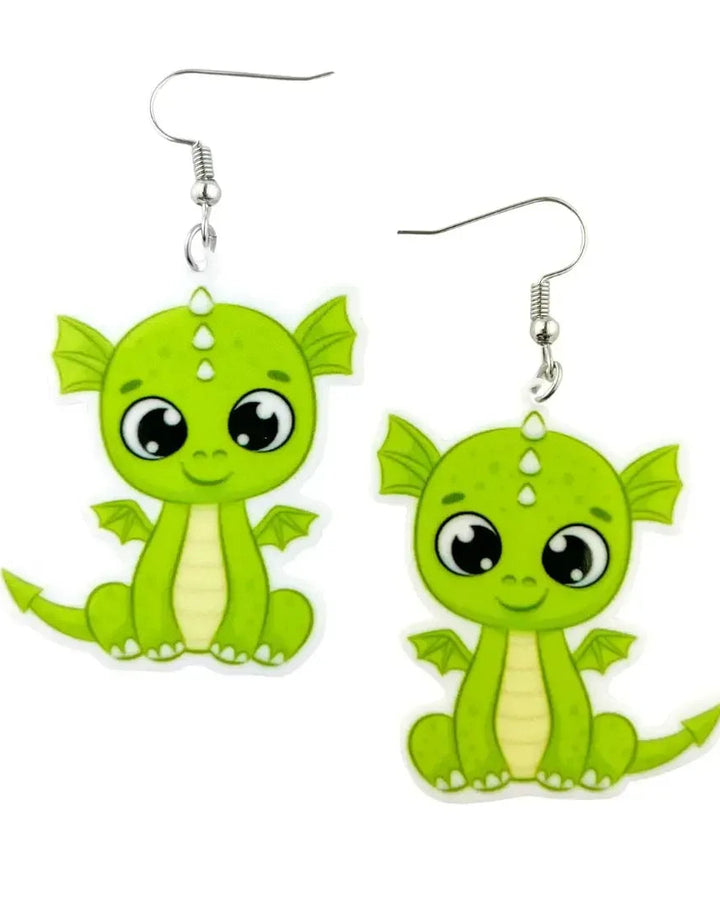 Maisy the Baby Dragon drop earrings, two lime green cartoon dragons with big eyes on silver hooks