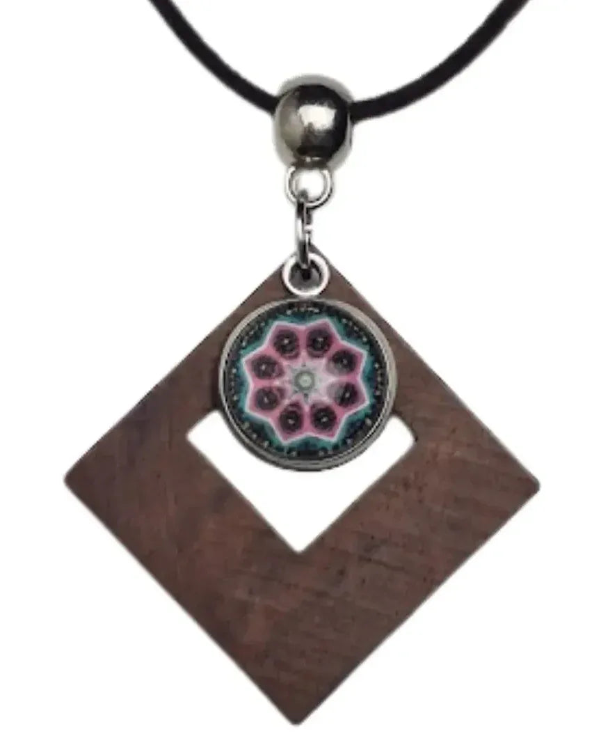Timber geometric necklace with pink mandala centre