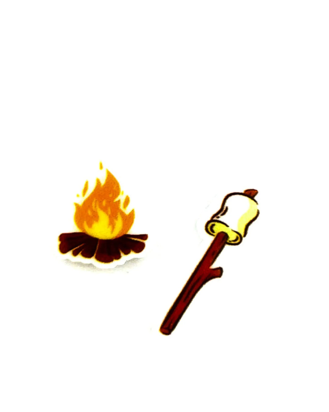 A pair of 12mm stud earrings featuring a white marshmallow charm and a bright orange campfire charm.