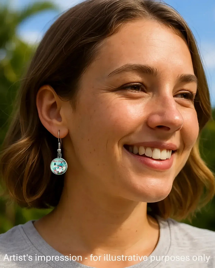Model wearing a Merry Christmas snowman earring, showing the size against her ear