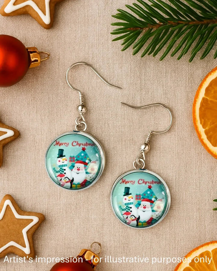 Merry Christmas snowman earrings on linen with gingerbread stars, baubles and dried orange