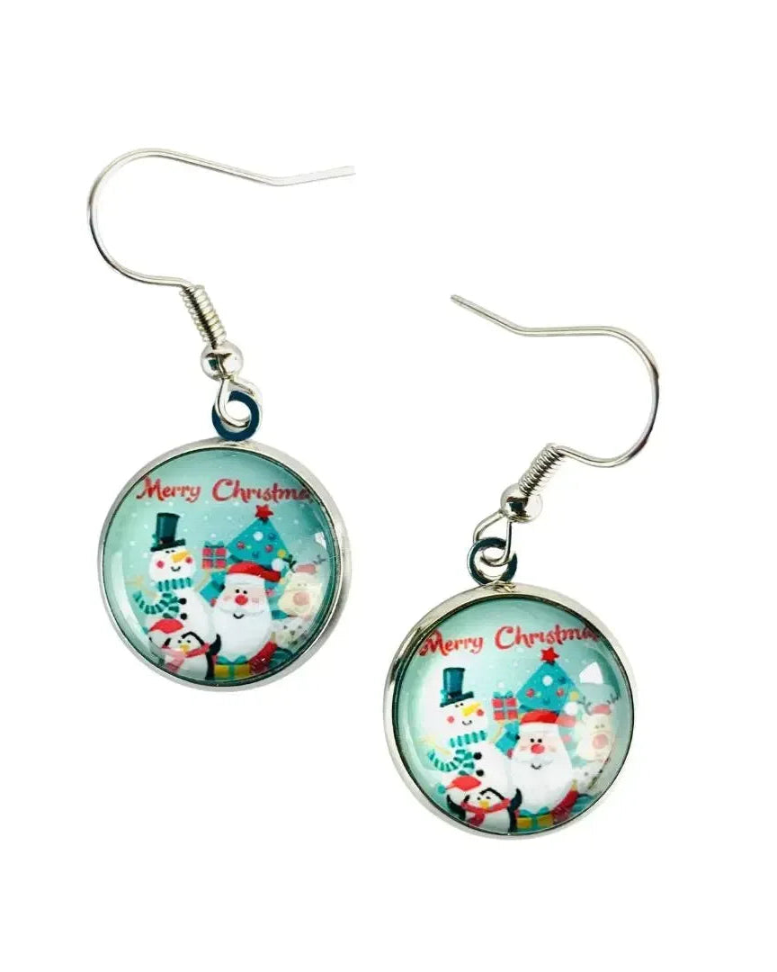 Merry Christmas snowman earrings, a glass cabochon showing a snowman, Santa, a reindeer and a penguin on pale mint