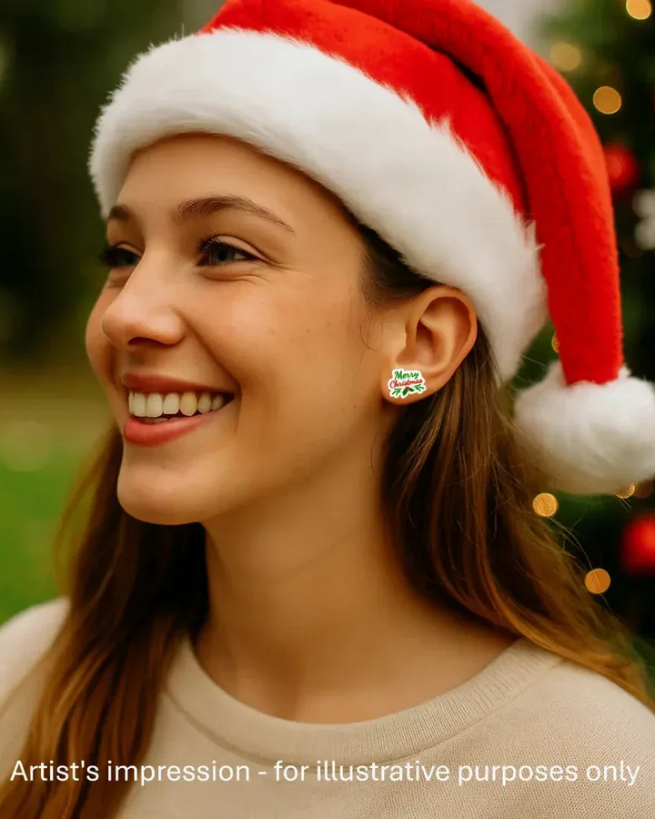 Model wearing the Merry Christmas stud earrings, showing their size on the ear
