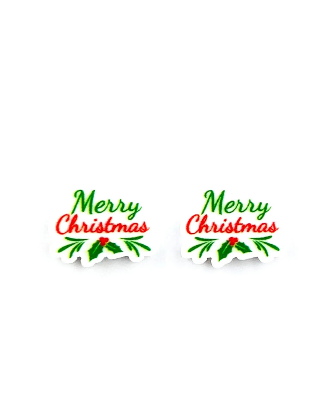 Merry Christmas stud earrings, red and green script lettering with a holly sprig on acrylic charms