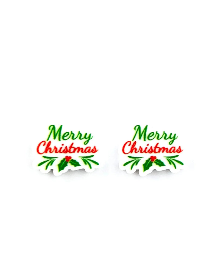 Merry Christmas stud earrings, red and green script lettering with a holly sprig on acrylic charms