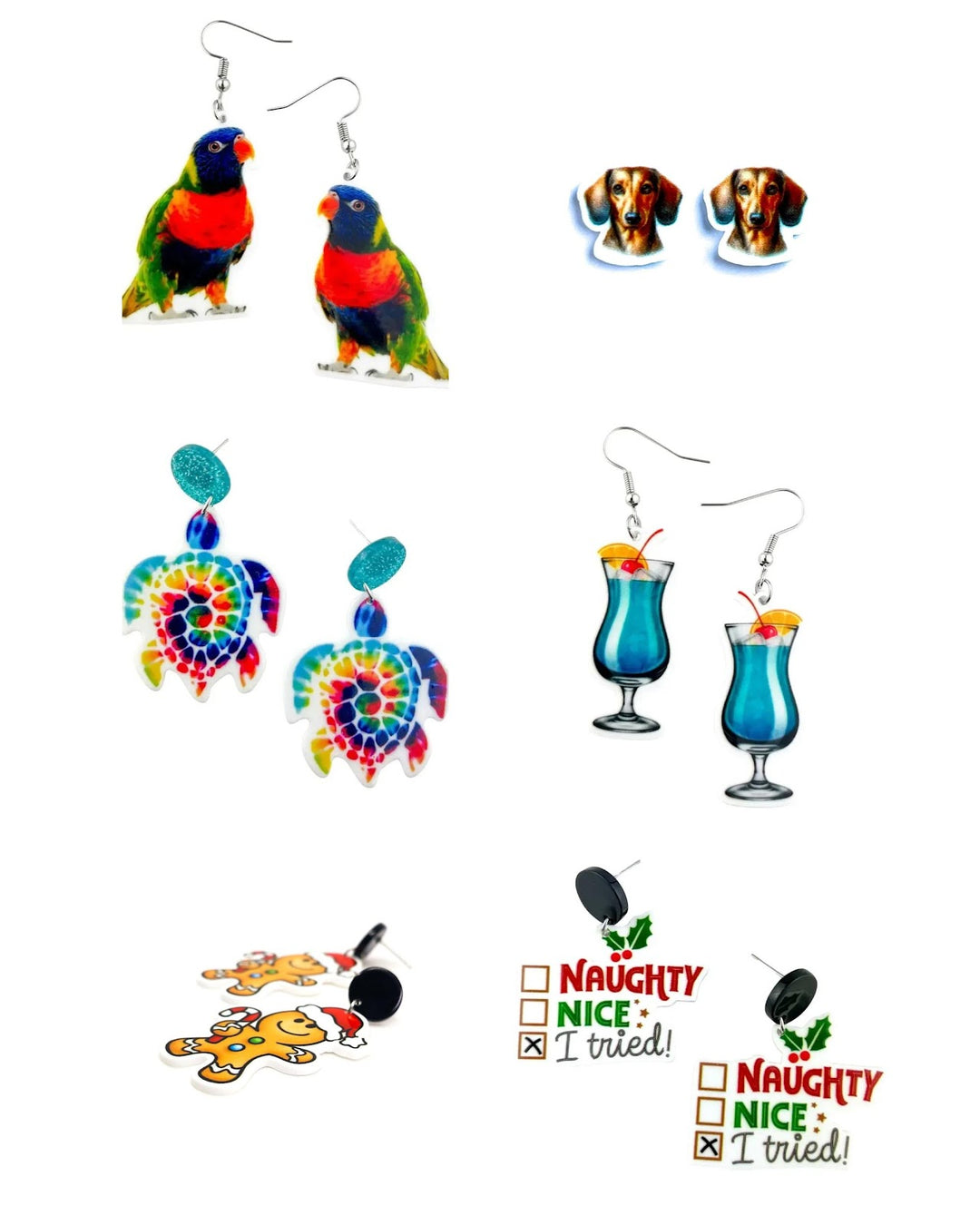 Mix and Match Sticker-Style Acrylic Earrings featuring colourful parrots, dachshunds, rainbow turtles, blue cocktails, gingerbread men and cheeky Christmas designs.