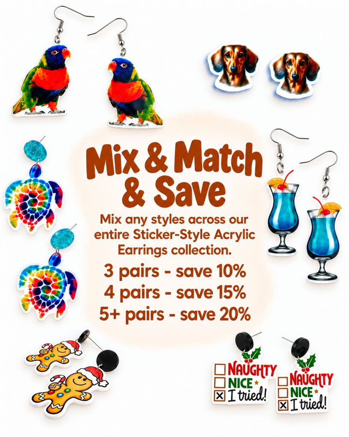 Mix and Match Sticker-Style Acrylic Earrings featuring colourful parrots, dachshunds, rainbow turtles, blue cocktails, gingerbread men and cheeky Christmas designs.