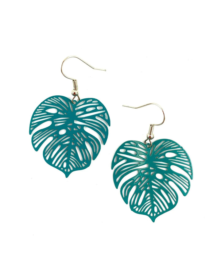 Teal monstera leaf drop earrings with tropical cut-out design