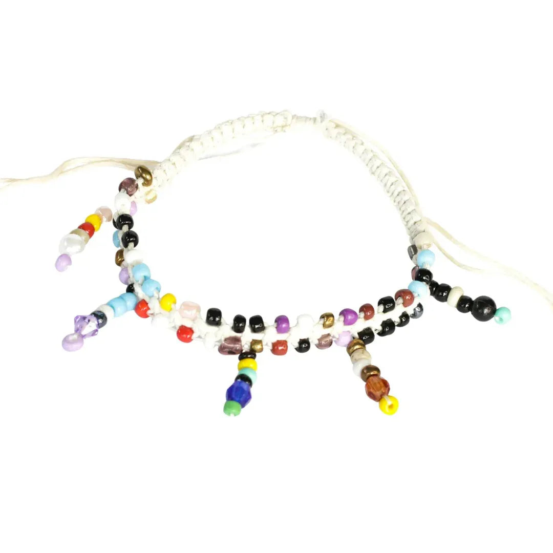 Multi-coloured porcelain beaded anklet with rainbow beads and white braided cord