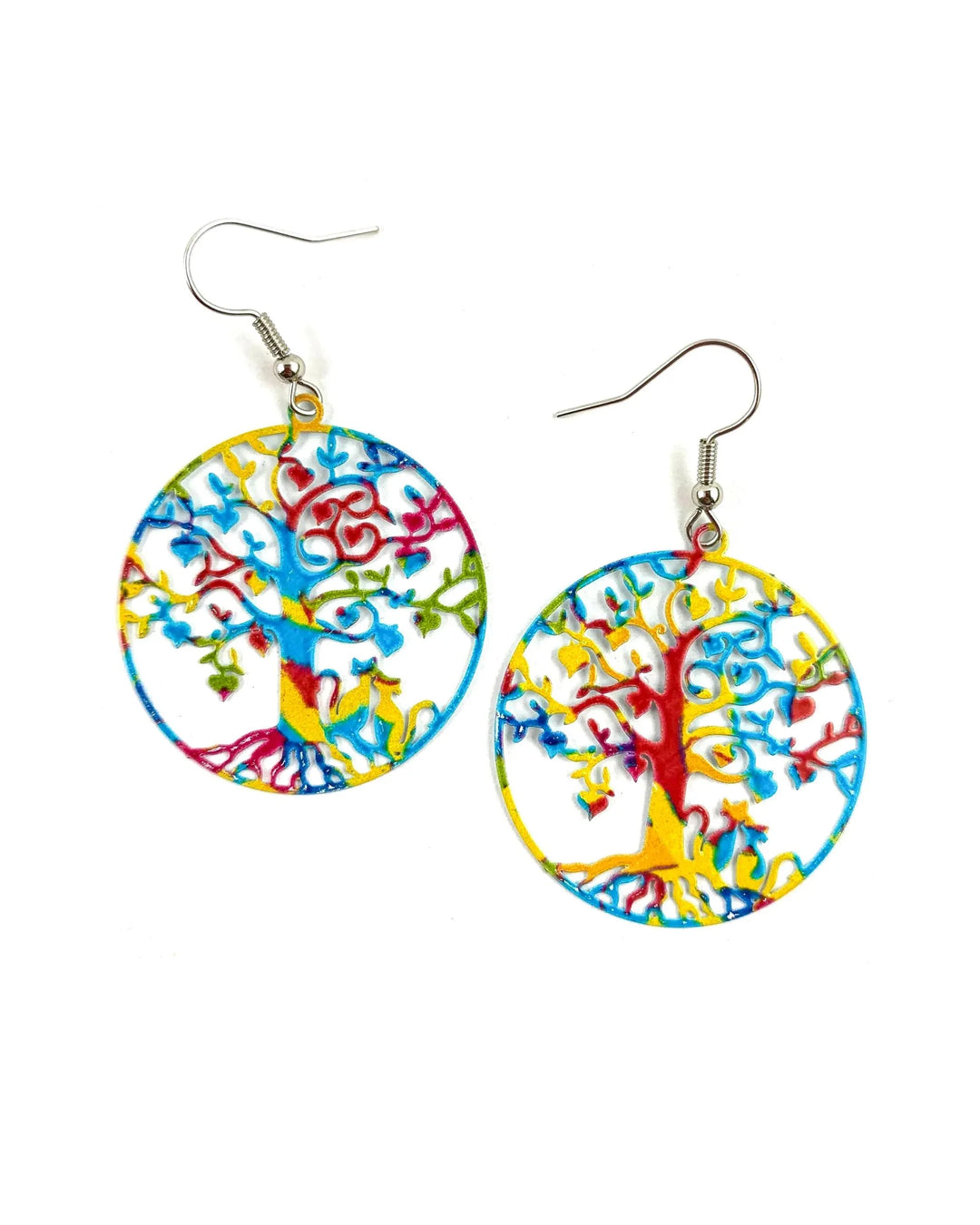 Multicolour filigree cat drop earrings with Tree of Life design, heart-shaped leaves and cat silhouette