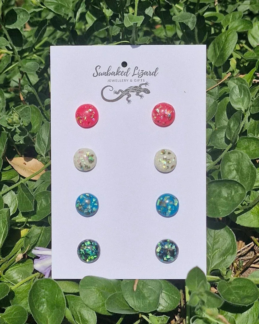 Opal Fleck Stud Earrings Multipack – four pairs of iridescent resin studs by Sunbaked Lizard.