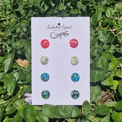 Opal Fleck Stud Earrings Multipack – four pairs of iridescent resin studs by Sunbaked Lizard.