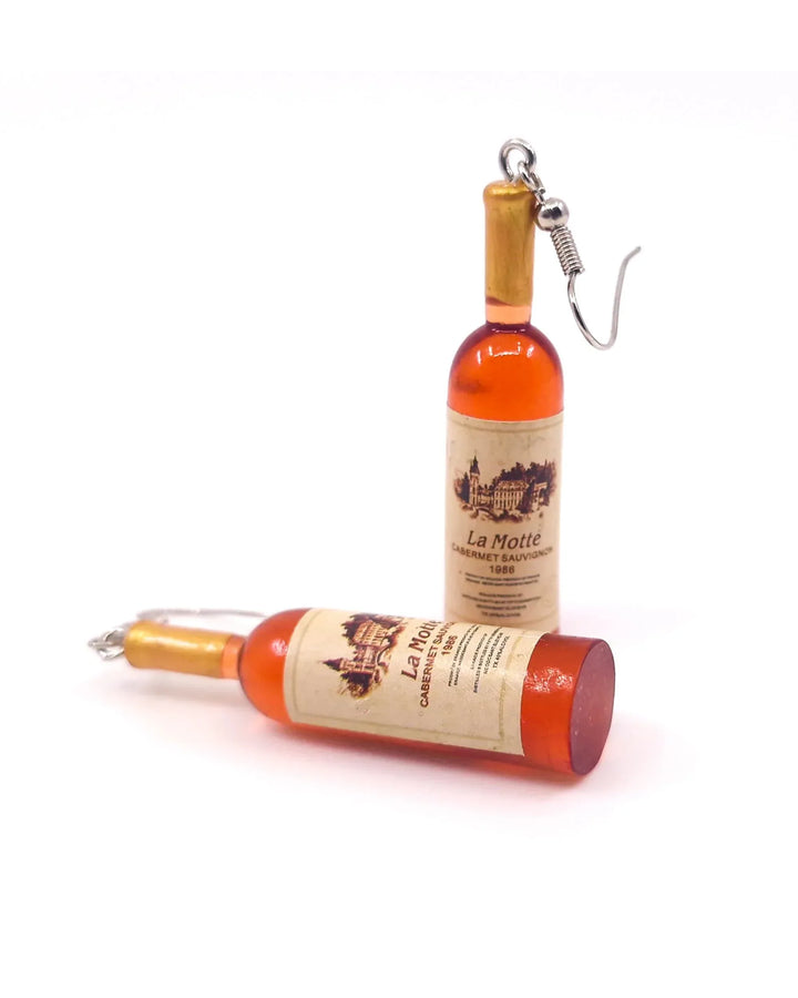 Novelty red wine bottle drop earrings with gold foil neck and printed label design