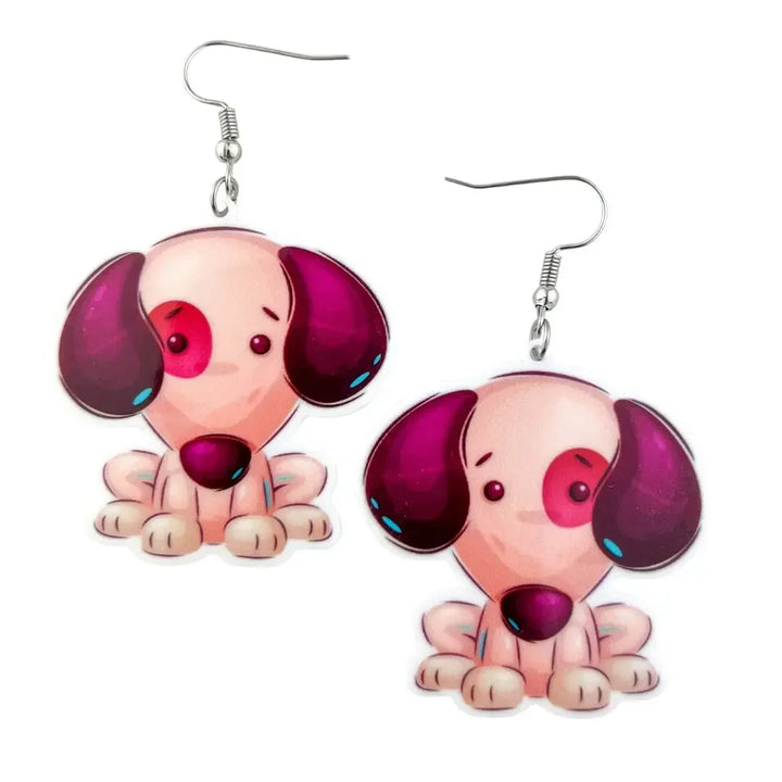 Patch the Puppy drop earrings, seated puppy acrylic charm with mismatched ears on silver hooks