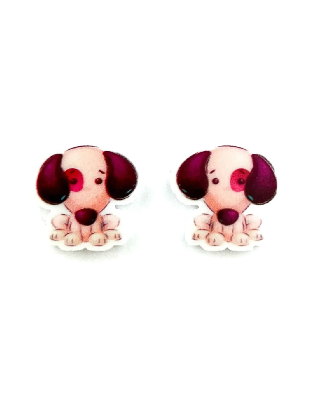 Patch the Puppy stud earrings, seated puppy acrylic charm with an eye patch marking