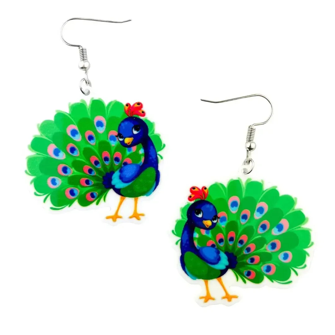 Peacock drop earrings, fully fanned peacock acrylic charm on silver hooks