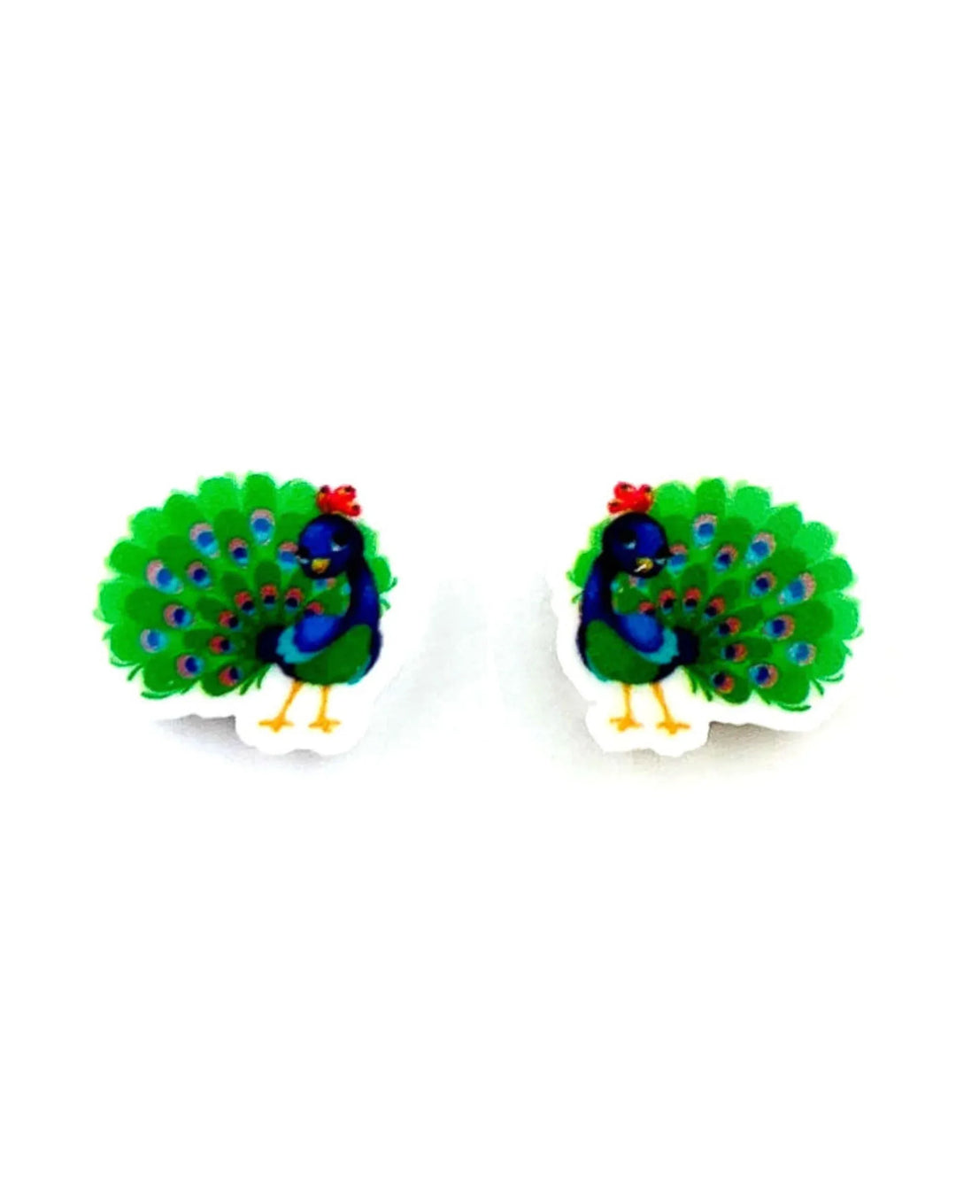 Peacock stud earrings, fully fanned peacock acrylic charm