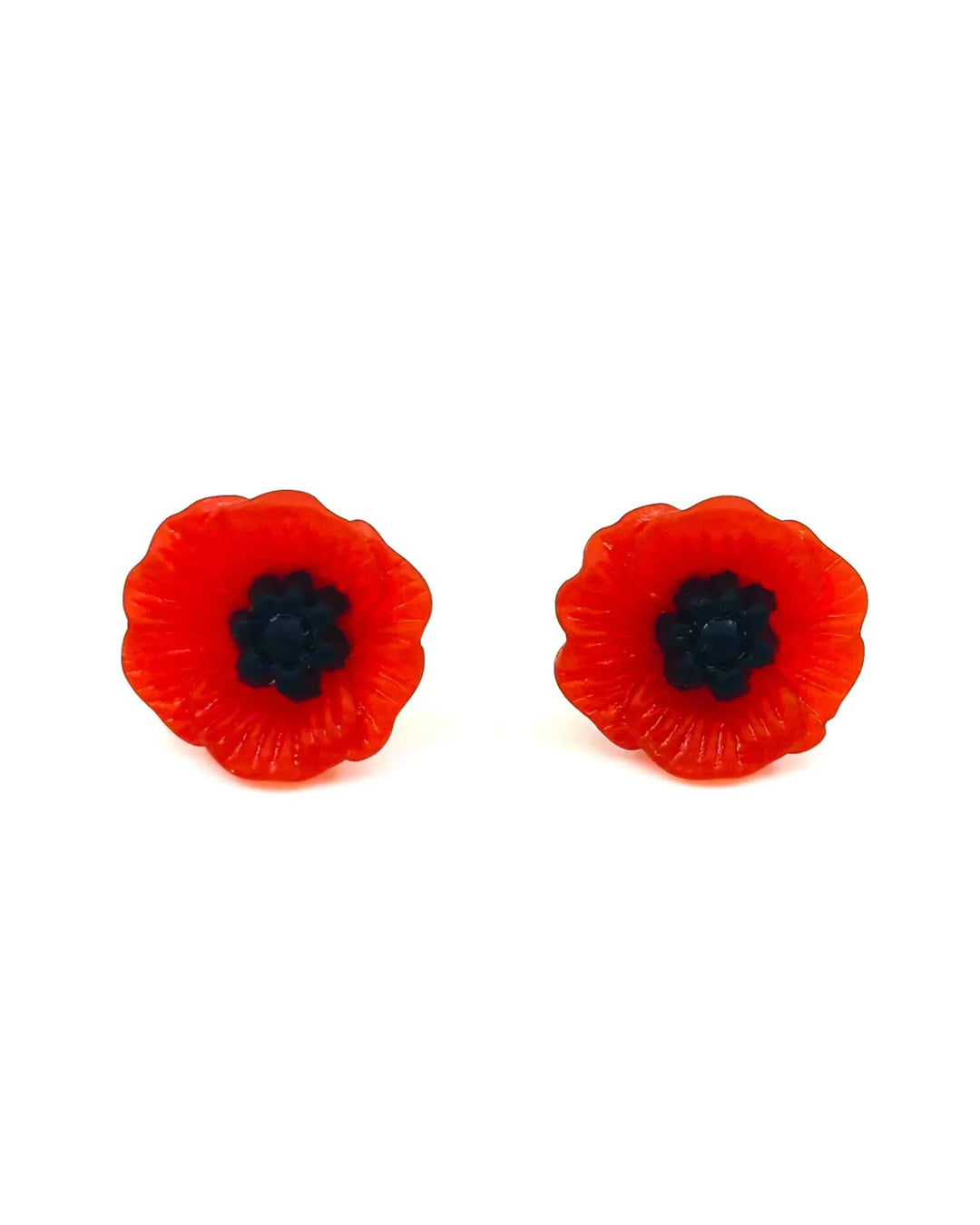 Petite red poppy stud earrings on white background
