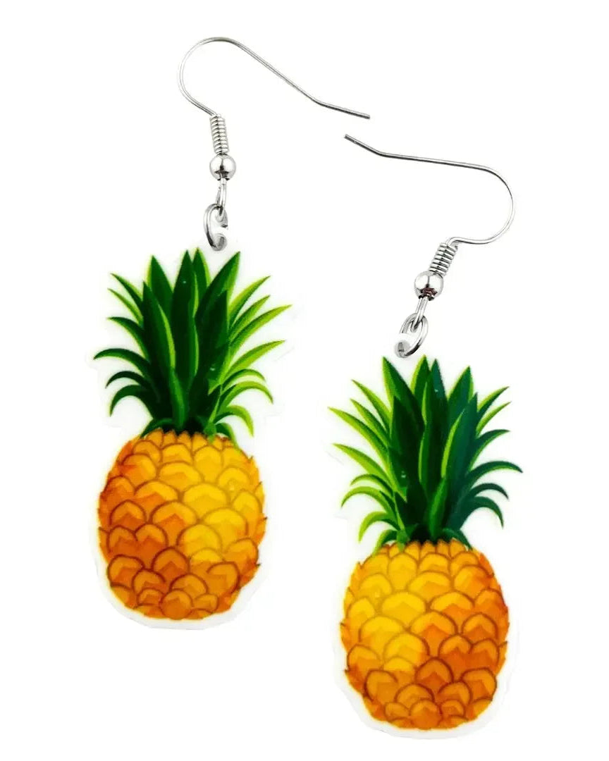 Pineapple drop earrings, two golden pineapples with spiky green crowns on silver hooks
