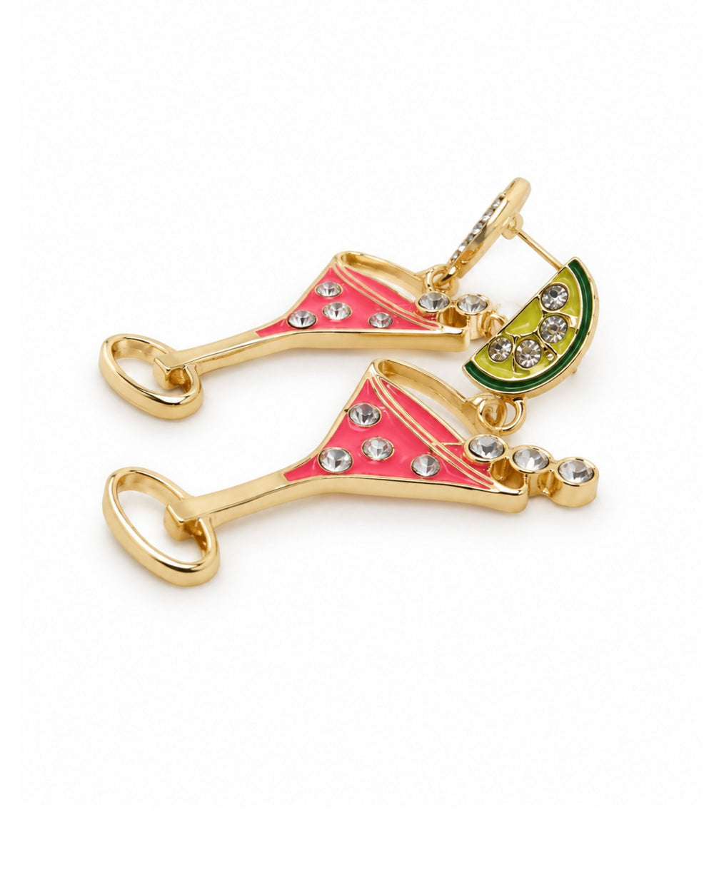 Pink cocktail earrings showing the rhinestone-set martini glass and lime wedge charm