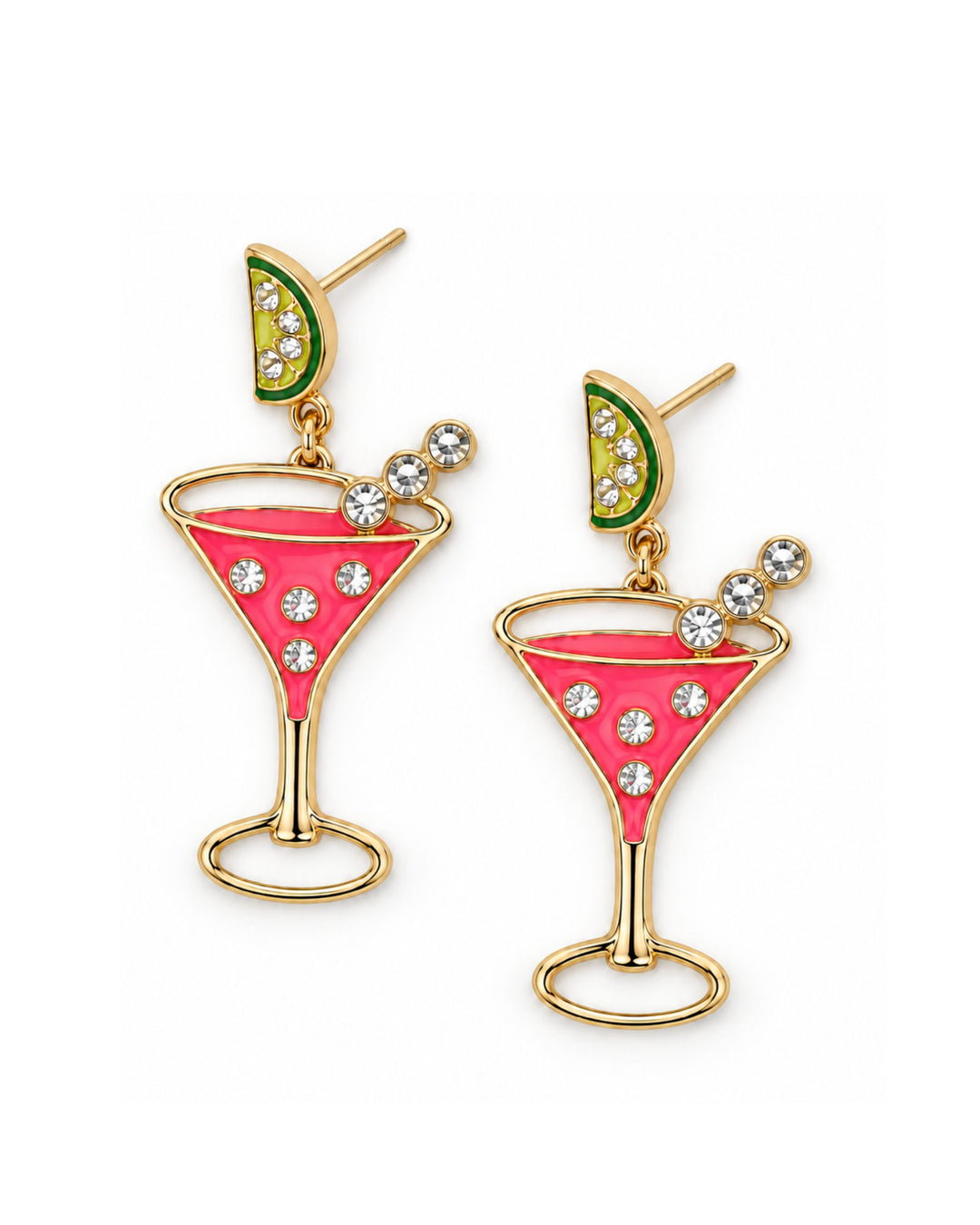 Pair of pink cocktail dangle earrings with diamante lime wedge studs