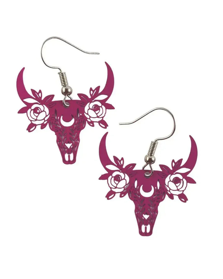 Hot pink floral cowskull filigree drop earrings with crescent moon detail and rose accents on silver hooks
