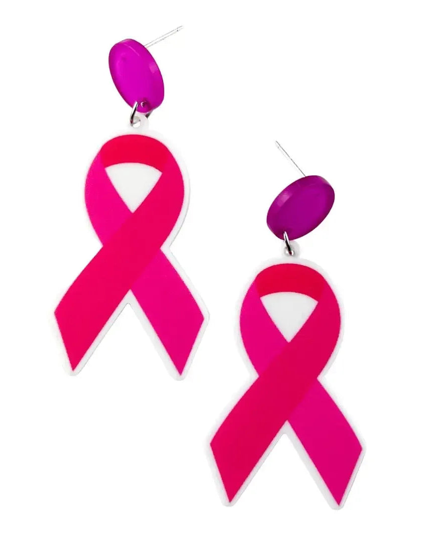 Close-up of pink ribbon stud drop earrings for breast cancer awareness, a lightweight acrylic ribbon on a stainless steel stud
