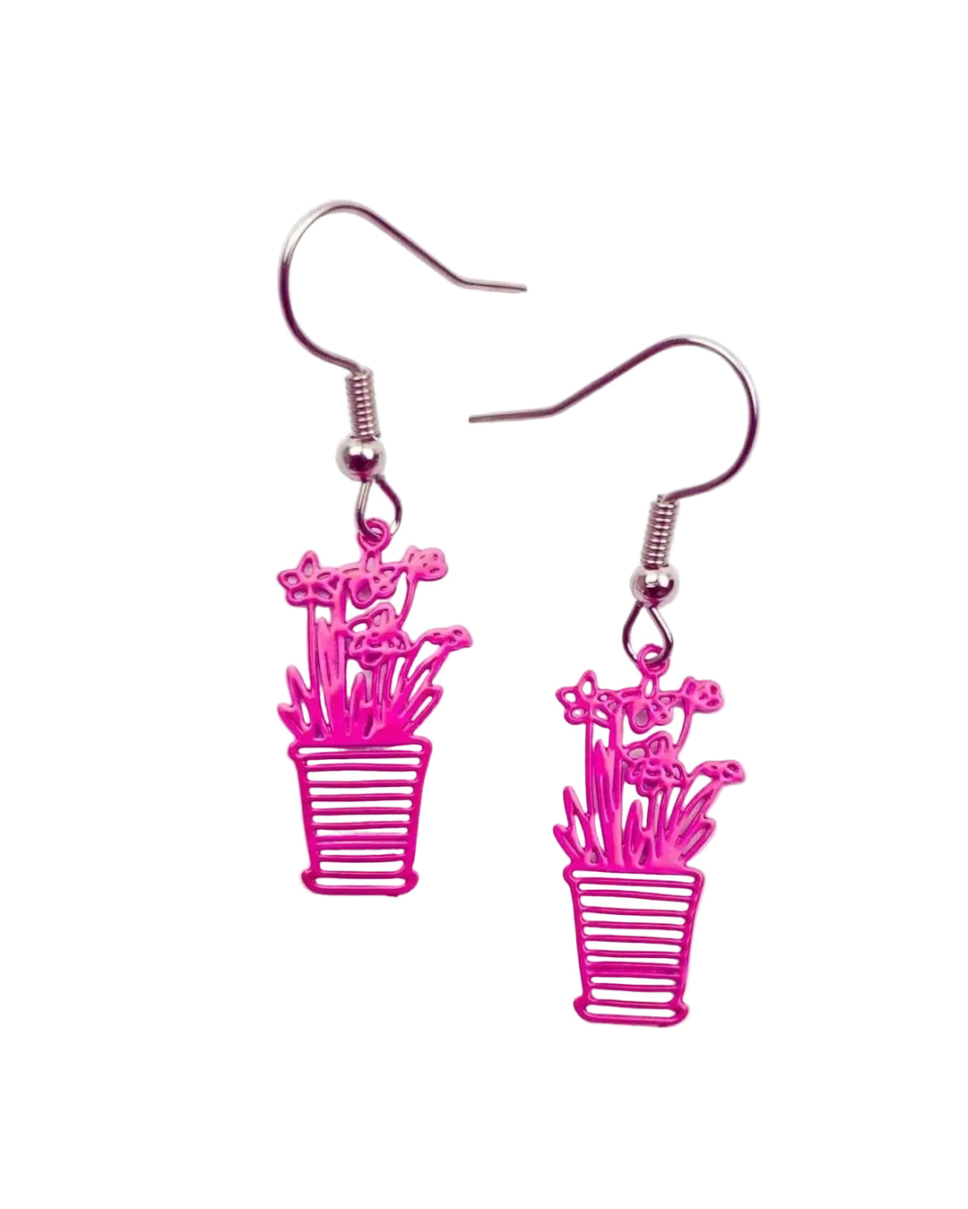 Pink potted flower earrings with fine cut-out petals and grass blades in a ribbed terracotta pot