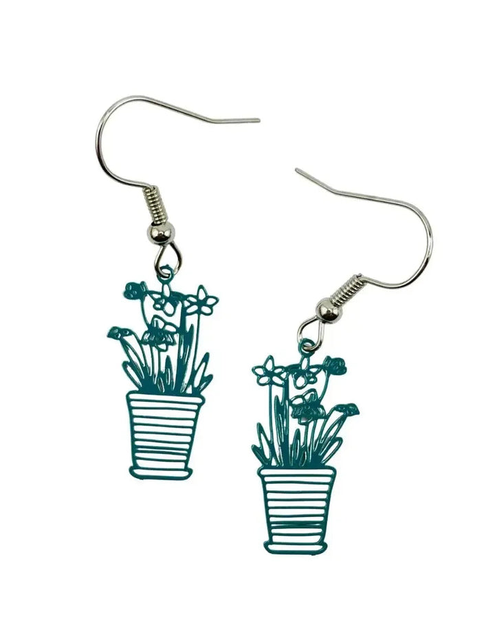 Teal green potted flower earrings with fine cut-out petals and grass blades in a ribbed terracotta pot