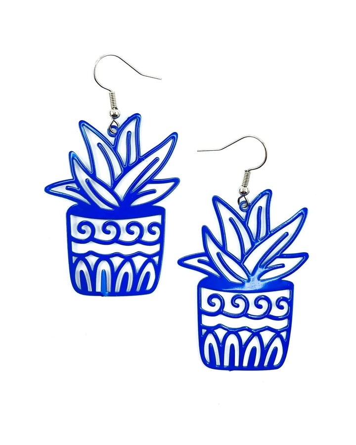 Blue potted plant statement earrings with bold cut-out spiky leaves in a patterned pot