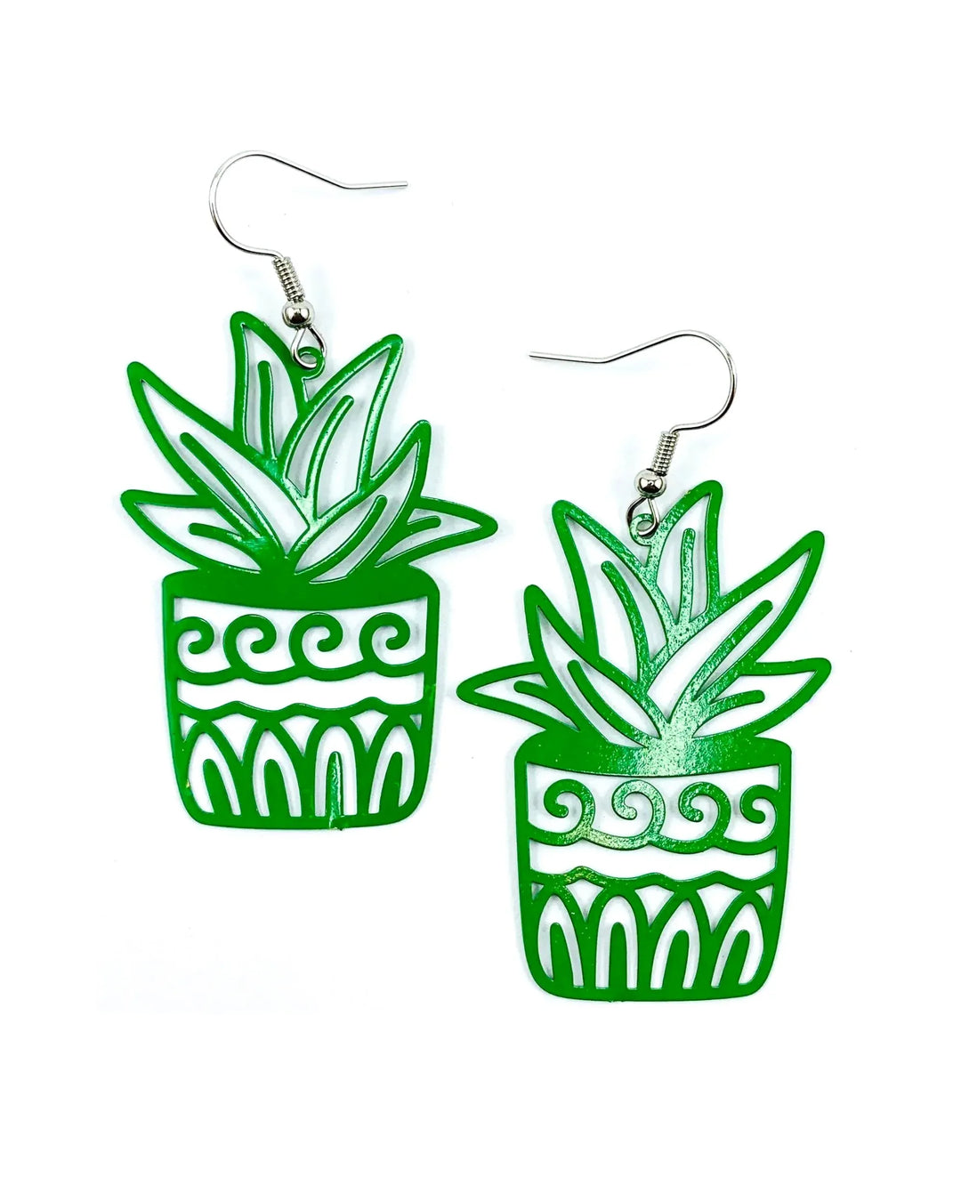 Green potted plant statement earrings with bold cut-out spiky leaves in a patterned pot