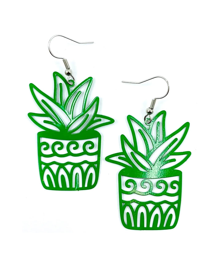 Green potted plant statement earrings with bold cut-out spiky leaves in a patterned pot