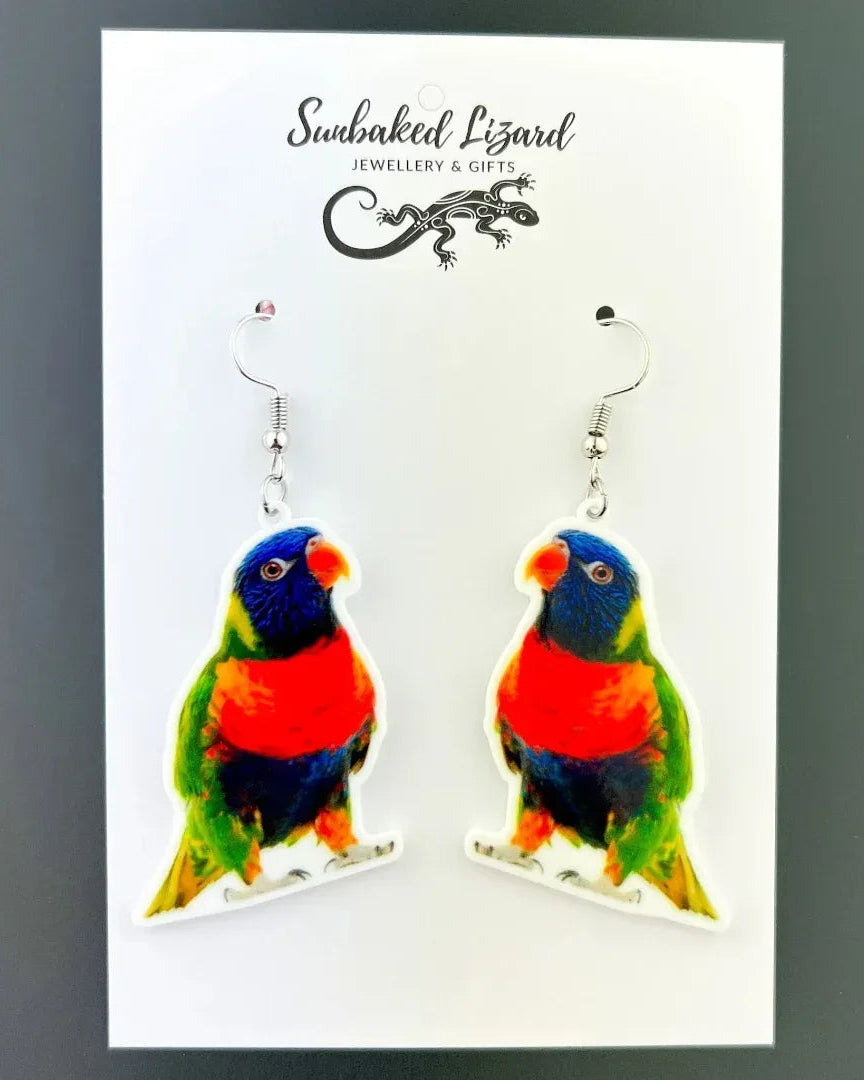 Rainbow Lorikeet drop earrings, colourful lorikeet acrylic charm on silver hooks, on a Sunbaked Lizard backing card