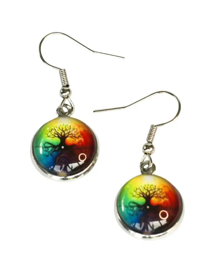 Rainbow Tree of Life drop earrings with glossy glass cabochon