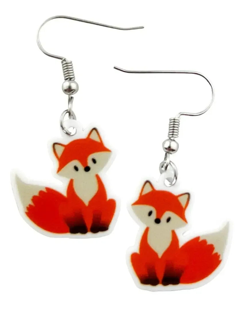 Red fox drop earrings, two seated cartoon foxes with fluffy tails on silver hooks