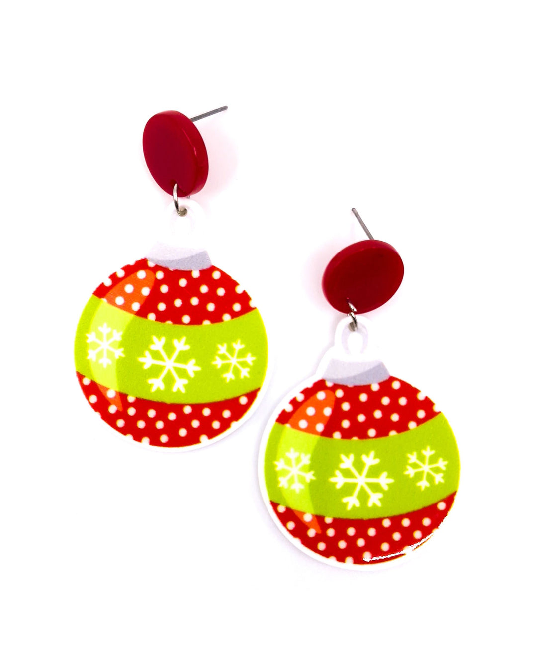 Red and green Christmas bauble earrings with white polka dots and snowflakes, on red stud tops
