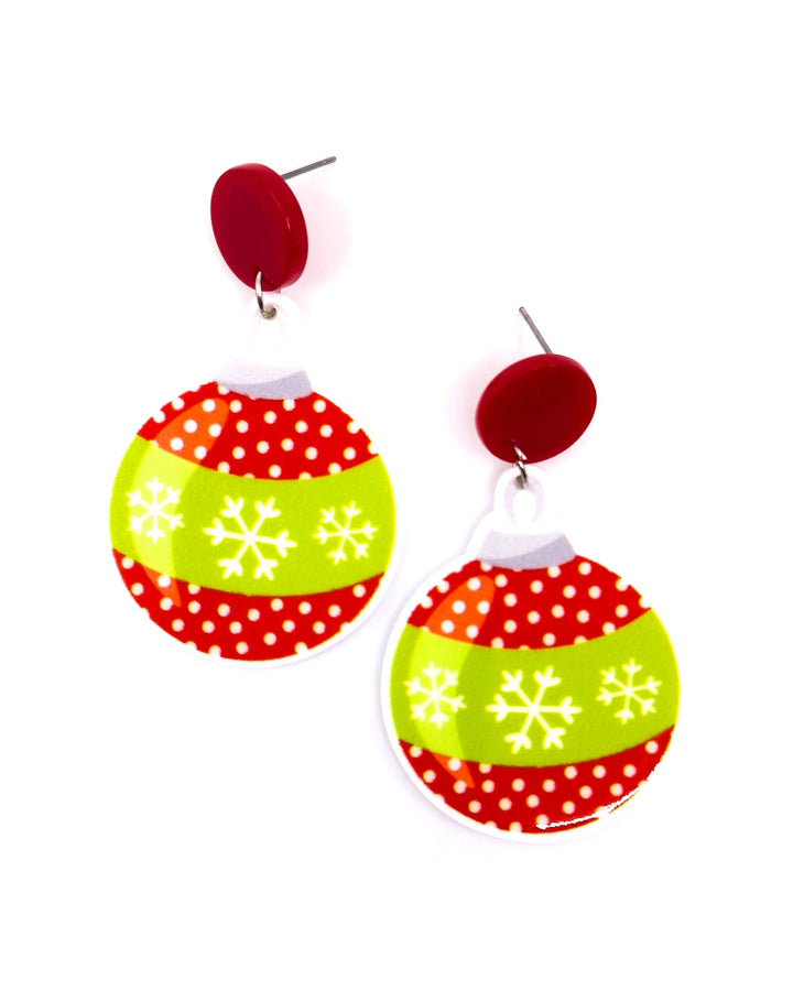 Red and green Christmas bauble earrings with white polka dots and snowflakes, on red stud tops