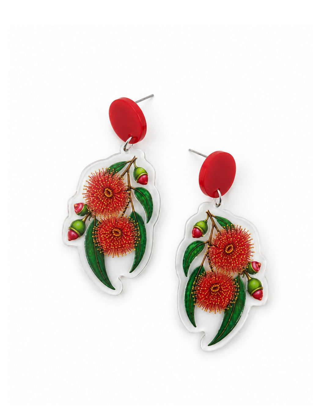 Red gum blossom earrings with eucalyptus leaves and gum nuts printed on clear acrylic, on a red stud top