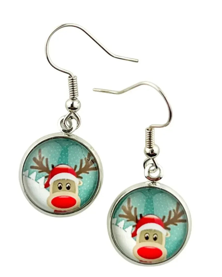 Red nose reindeer Christmas earrings, a glass cabochon showing a reindeer in a Santa hat on a mint snowy background