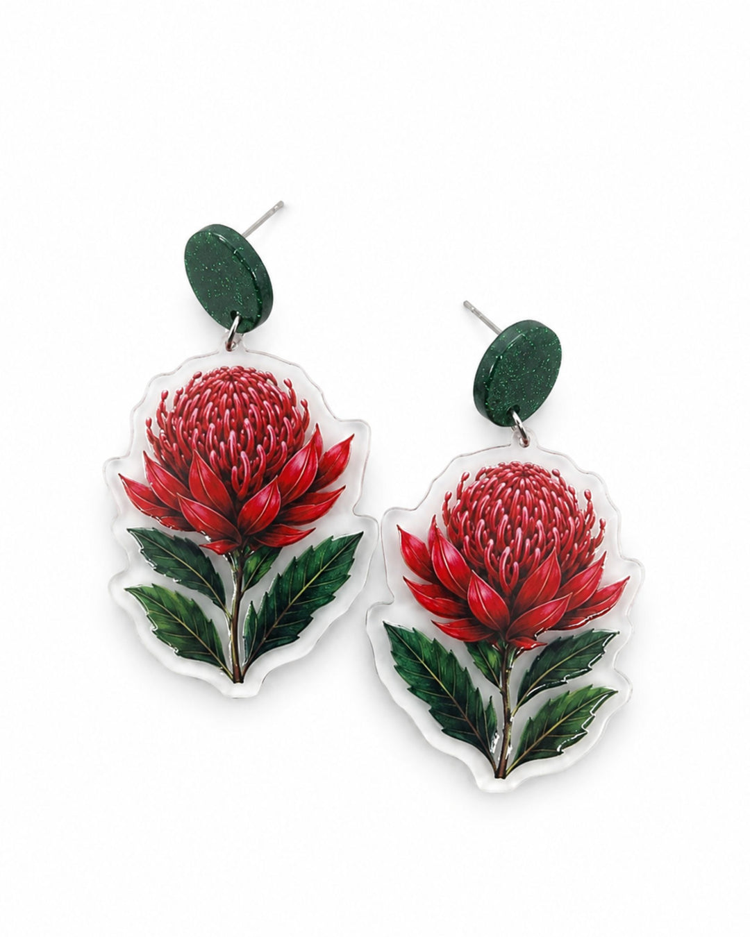 Red waratah earrings with a printed native flower charm on clear acrylic and a green glitter stud top
