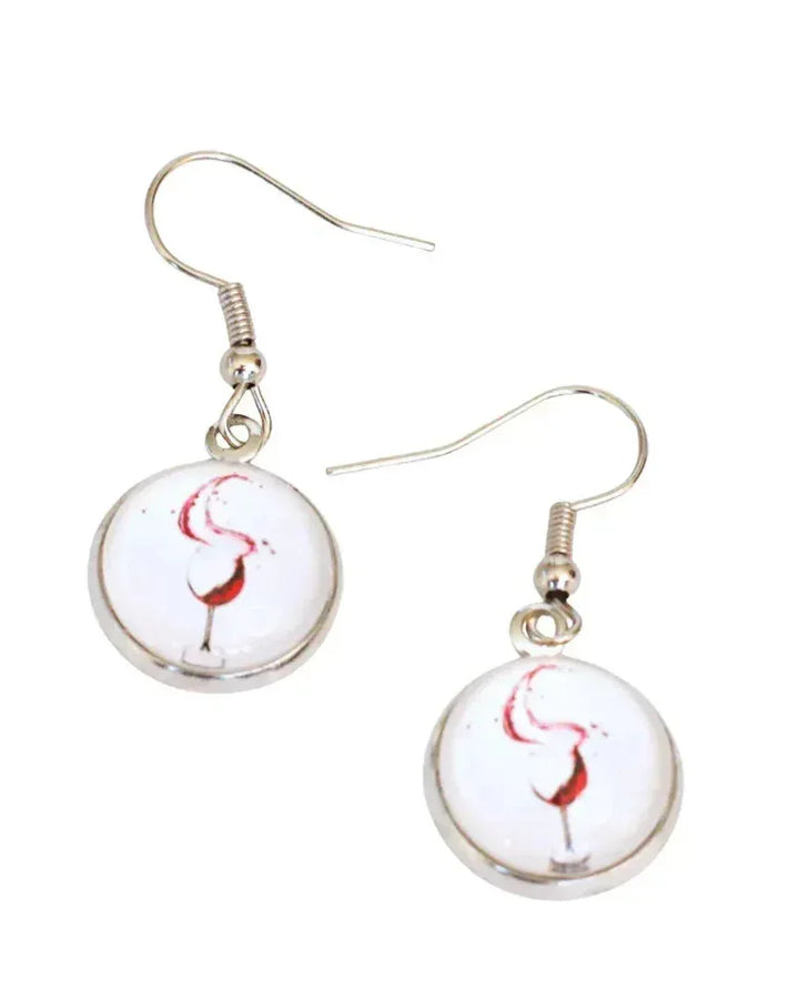 Alcohol earrings featuring a red wine glass illustration under a glass cabochon dome