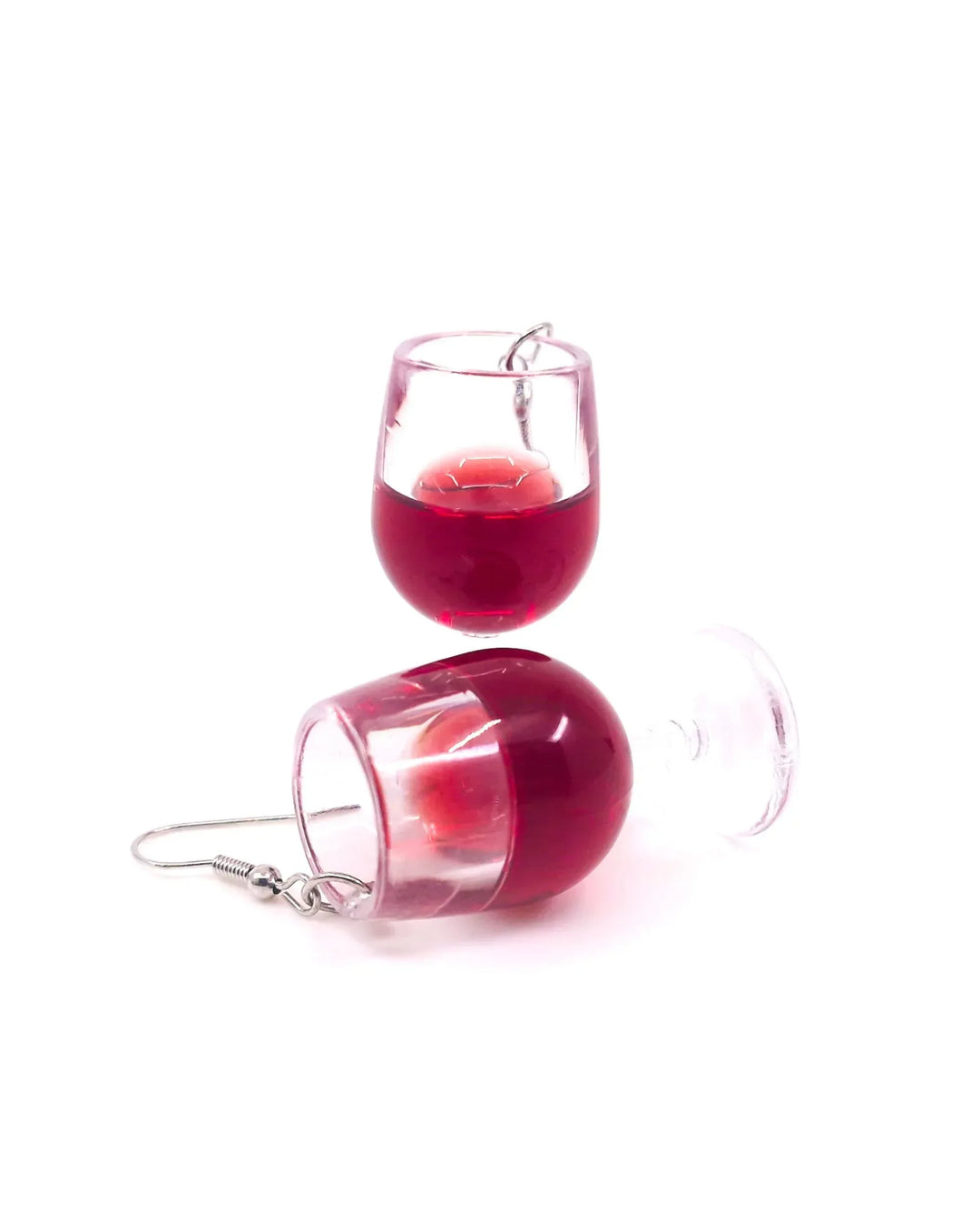 Novelty red wine glass drop earrings with clear stem and deep red wine detail.