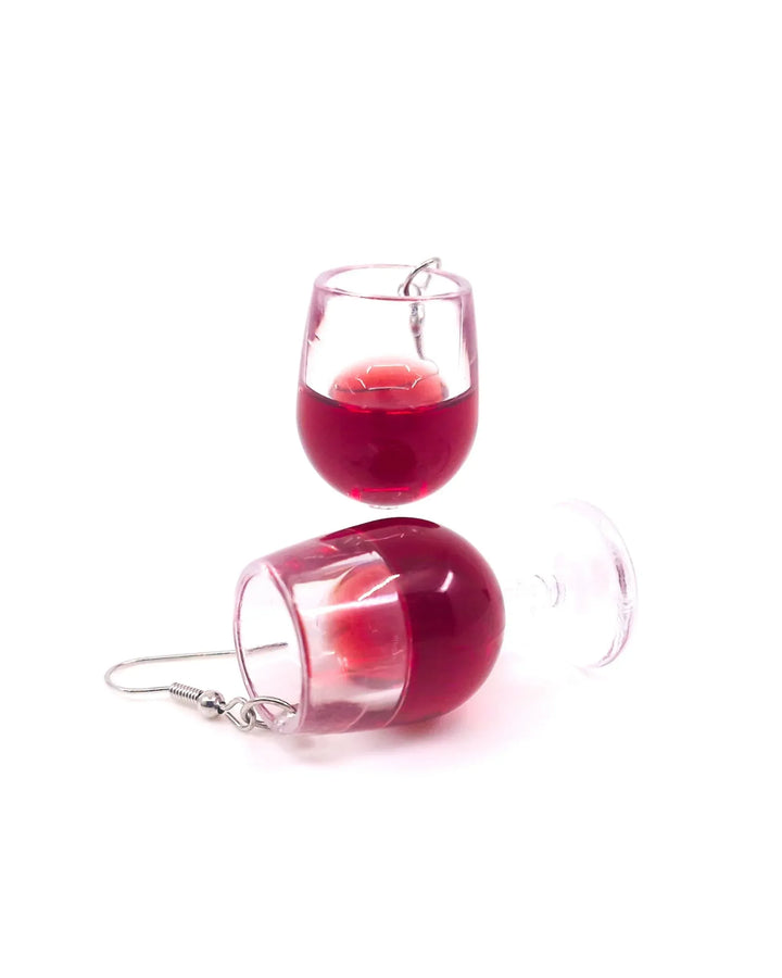 Novelty red wine glass drop earrings with clear stem and deep red wine detail.