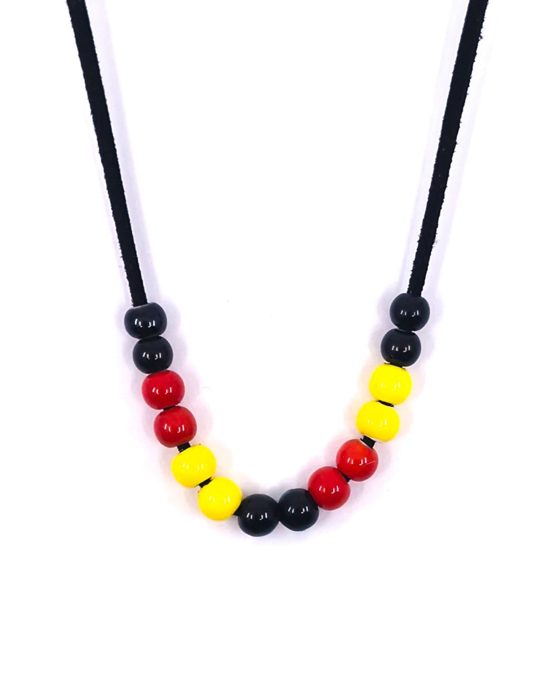 Red, yellow and black Indigenous inspired beaded necklace on adjustable black faux leather cord